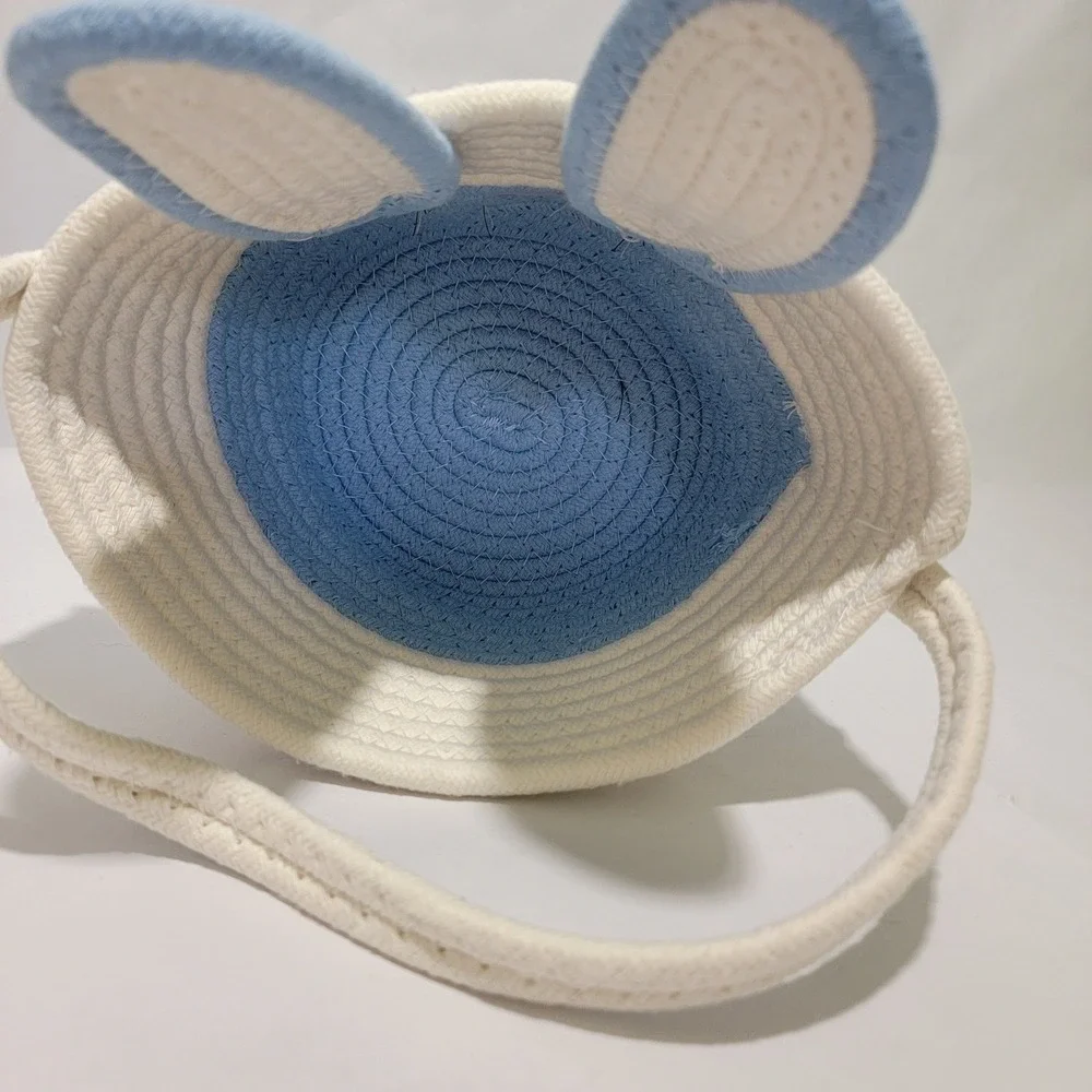 Blue White Woven Cotton Rope Bunny Easter Basket Embroidered Face 3D Ears 6in